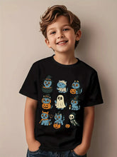 Load image into Gallery viewer, Boys' Kpop Cartoon Character T-Shirt - Cute Anime Graphic Short Sleeve Summer Top with Ghosts, Pumpkins & Blue Cat Design - Lightweight Round Neck Casual Shirt for Kids, Machine Washable Casual Attire