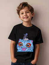 Load image into Gallery viewer, Boys' Kpop Cartoon Character T-Shirt - Cute Anime Graphic Short Sleeve Summer Top with Ghosts, Pumpkins & Blue Cat Design - Lightweight Round Neck Casual Shirt for Kids, Machine Washable Casual Attire