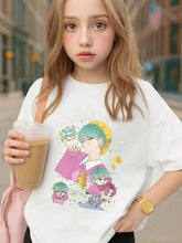 Load image into Gallery viewer, Boys' Kpop Cartoon Character T-Shirt - Cute Anime Graphic Short Sleeve Summer Top with Ghosts, Pumpkins & Blue Cat Design - Lightweight Round Neck Casual Shirt for Kids, Machine Washable Casual Attire