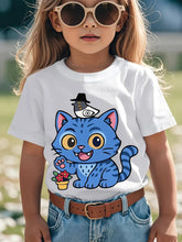 Load image into Gallery viewer, Girls' K-Pop Graphic T-Shirt with Cute Korean Pop Star & DesignShort Sleeve Round Neck Casual Summer Tee, Machine Washable Korean Music Inspired Outfit for K-Pop Fans, Playful Cartoon Cat & K-Pop Pattern Trendy Streetwear for Girls