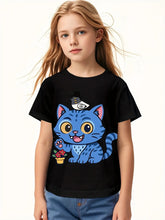 Load image into Gallery viewer, Girls' K-Pop Graphic T-Shirt with Cute Korean Pop Star & DesignShort Sleeve Round Neck Casual Summer Tee, Machine Washable Korean Music Inspired Outfit for K-Pop Fans, Playful Cartoon Cat & K-Pop Pattern Trendy Streetwear for Girls