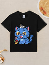Load image into Gallery viewer, Girls' K-Pop Graphic T-Shirt with Cute Korean Pop Star &amp; DesignShort Sleeve Round Neck Casual Summer Tee, Machine Washable Korean Music Inspired Outfit for K-Pop Fans, Playful Cartoon Cat &amp; K-Pop Pattern Trendy Streetwear for Girls
