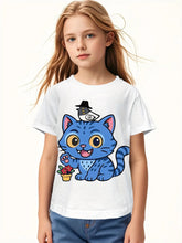 Load image into Gallery viewer, Girls' K-Pop Graphic T-Shirt with Cute Korean Pop Star &amp; DesignShort Sleeve Round Neck Casual Summer Tee, Machine Washable Korean Music Inspired Outfit for K-Pop Fans, Playful Cartoon Cat &amp; K-Pop Pattern Trendy Streetwear for Girls
