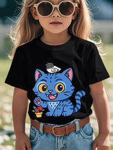 Load image into Gallery viewer, Girls' K-Pop Graphic T-Shirt with Cute Korean Pop Star &amp; DesignShort Sleeve Round Neck Casual Summer Tee, Machine Washable Korean Music Inspired Outfit for K-Pop Fans, Playful Cartoon Cat &amp; K-Pop Pattern Trendy Streetwear for Girls
