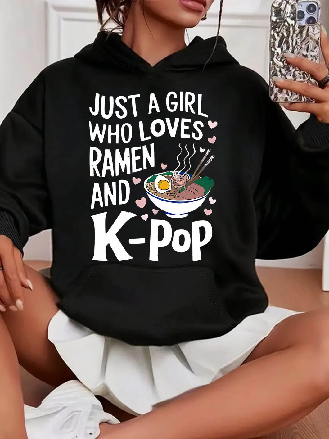 [Ramen & K-Pop Graphic Hoodie] kpop demon hunters Casual Ramen & K-Pop Graphic Hoodie - Women's Fashionable Pullover with Kangaroo Pocket, Machine Washable, All-Season Sporty Sweatshirt