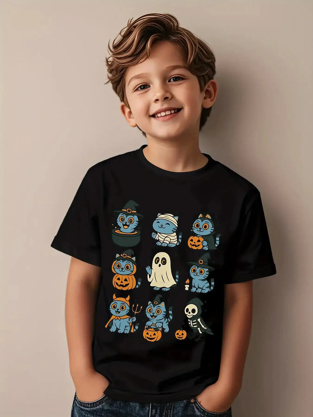 Boys' Kpop Cartoon Character T-Shirt - Cute Anime Graphic Short Sleeve Summer Top with Ghosts, Pumpkins & Blue Cat Design - Lightweight Round Neck Casual Shirt for Kids, Machine Washable Casual Attire