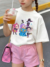 Load image into Gallery viewer, Boys&#39; Kpop Cartoon Character T-Shirt - Cute Anime Graphic Short Sleeve Summer Top with Ghosts, Pumpkins &amp; Blue Cat Design - Lightweight Round Neck Casual Shirt for Kids, Machine Washable Casual Attire

