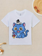 Load image into Gallery viewer, Girls' K-Pop Graphic T-Shirt with Cute Korean Pop Star &amp; DesignShort Sleeve Round Neck Casual Summer Tee, Machine Washable Korean Music Inspired Outfit for K-Pop Fans, Playful Cartoon Cat &amp; K-Pop Pattern Trendy Streetwear for Girls
